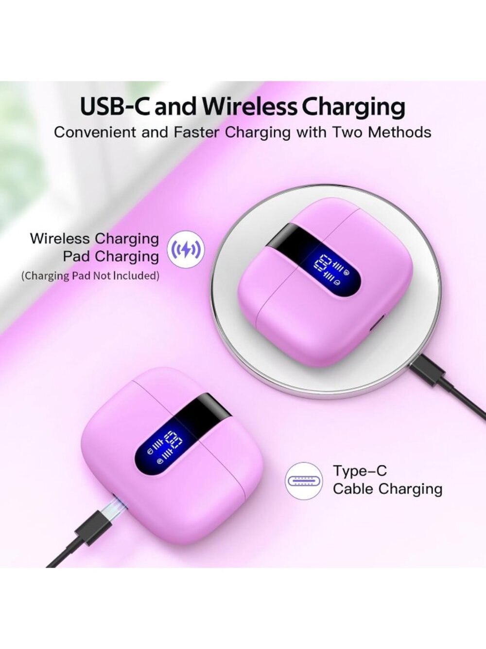 Wireless Sunset Pink 60H Playback LED Power Display Waterproof Bluetooth Earbud - Picture 3 of 6